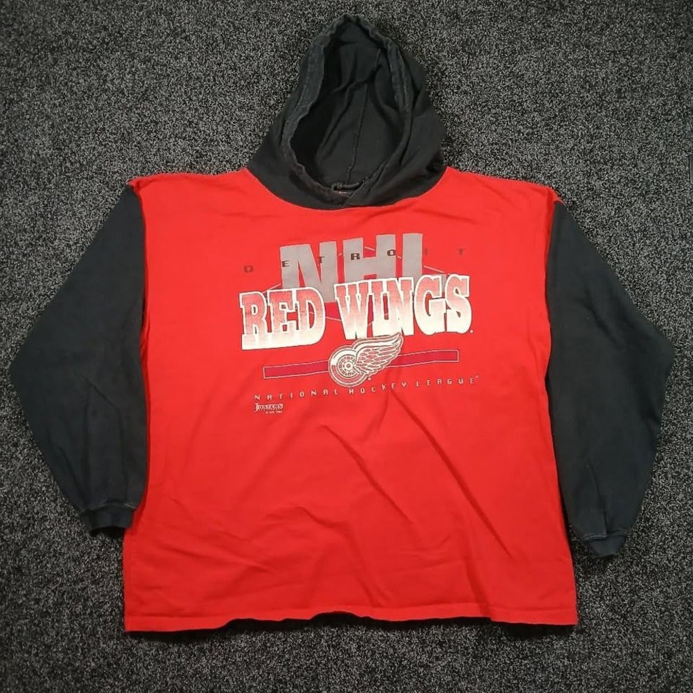 Vintage 1993 Detroit Red Wings NHL Jostens Hooded T-Shirt Mens XL Red Black USA